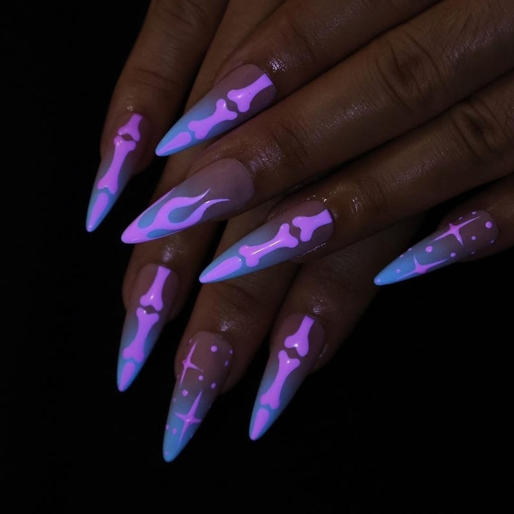 Custom Pink Glow-In-The-Dark Skeleton Nails